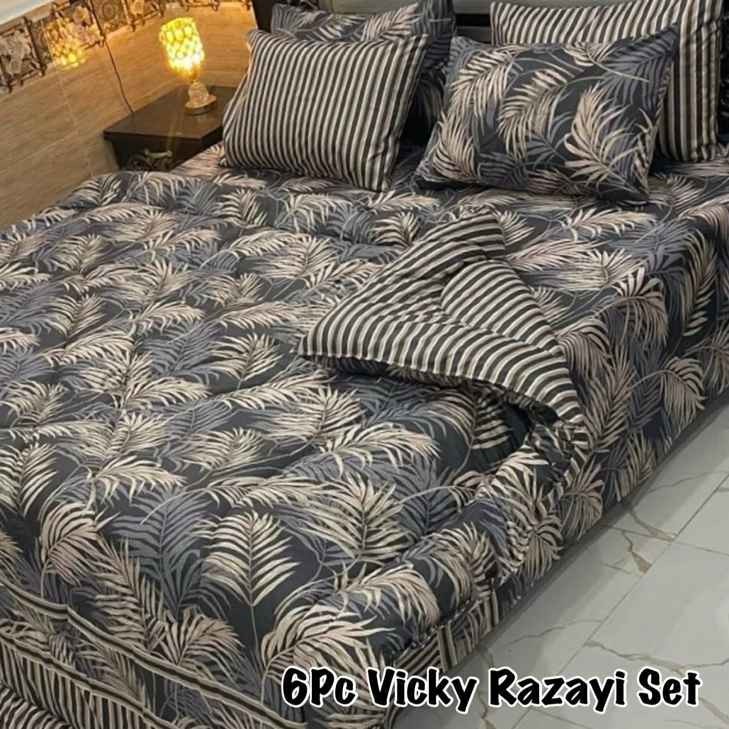 6 Piece Premium Comforter Set - Black Leaf Print